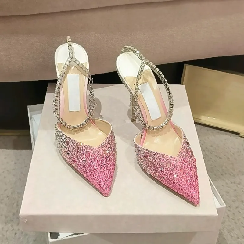 New Water Diamond Gradient Pink Women\'s Shoes Pointed Banquet High Heels Slim Heel Style Sandals