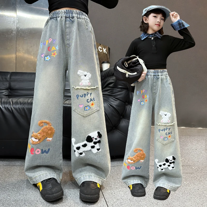 

2025 Teenage Girls Blue Street Loop Embroidery Elastic Mid Waist Loose Denim Jeans Spring Fashion Children Cute Wide Leg Pants