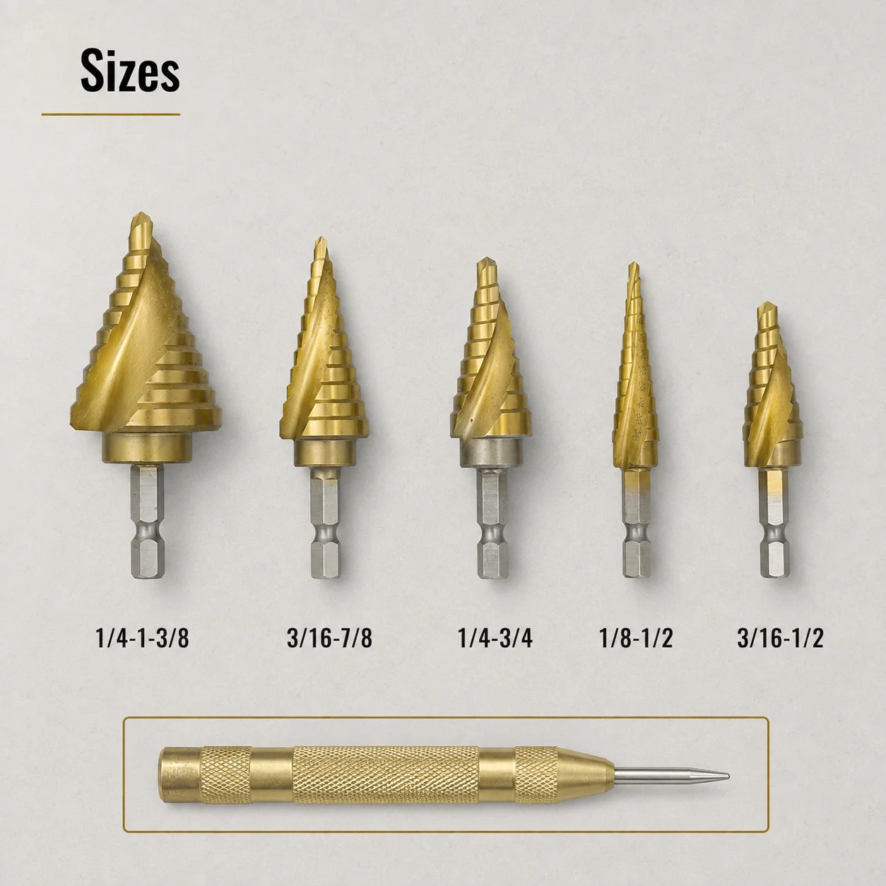 6PCS Titanium Step Drill Bit Set with Automatic Center Punch, Hex Shank Unibit for Metal Wood Plastic Multiple Hole Sizes
