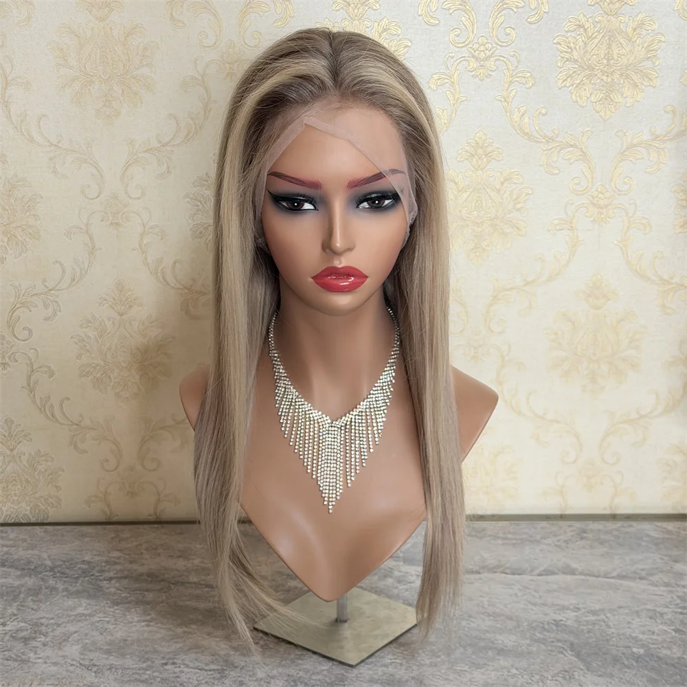 

Полные парики шнурка Пепельно-русый мелирование Парики из натуральных волос 18 дюймов Длинные прямые девственные европейские волосы Мягкий шелковистый HD парик шнурка