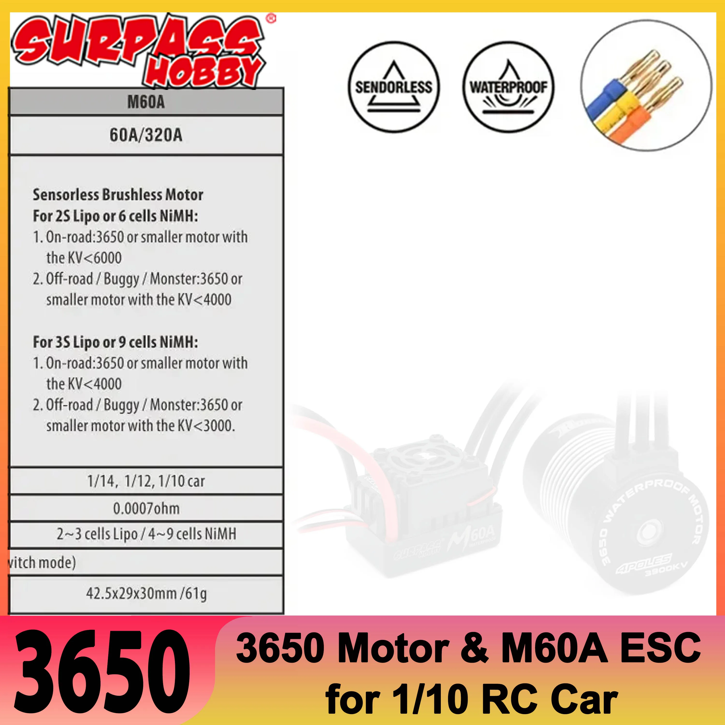 

Surpass Hobby Rocket 3650 2300/3100/3900/4300KV Waterproof Brushless Motor and M60A ESC Combo for 1/10 RC Car Boat Toy Wltoys