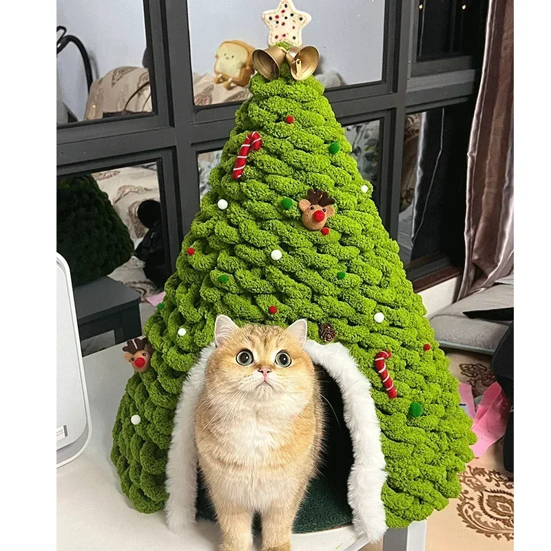 Christmas Tree Cat Bed DIY Yarn Tools Package Homemade Puppy Nest for Autumn Winter Warmth Four Seasons Universal Pet Suppplies