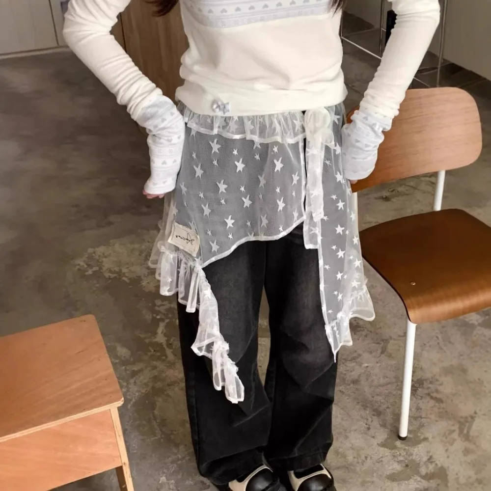 

Soft Star Lace Mini Skirt Japanese Style Irregular Gauze Skirt Y2K Lace-up Ruffled Edge Skirt Female
