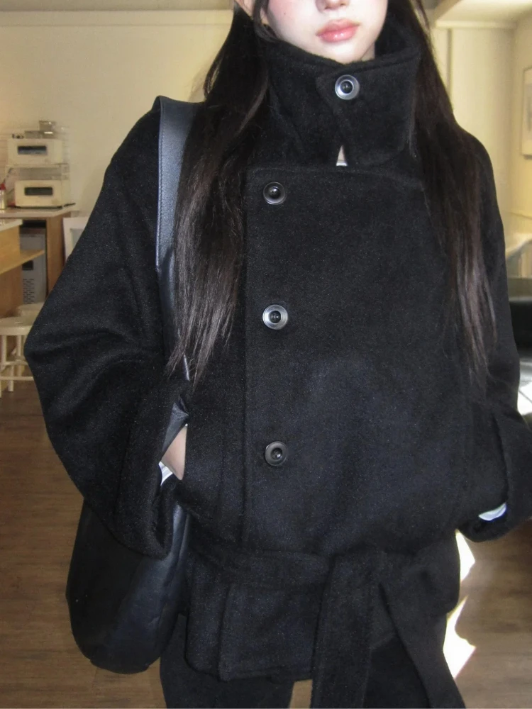 Französischer einzigartiger Vintage-Wollmantel für Damen, lockerer Stehkragen, Krawattengürtel, lange Jacke, einfarbig, elegante Büro-Casual-Oberbekleidung