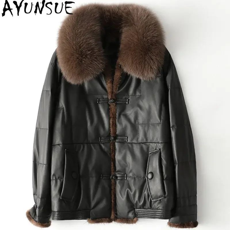 AYUNSUE Women\'s Genuine Leather Jacket Fox Fur Collar Coat Famale 100% Sheepskin Coat Down Jackets Casual Abrigo Mujer Sqq1220