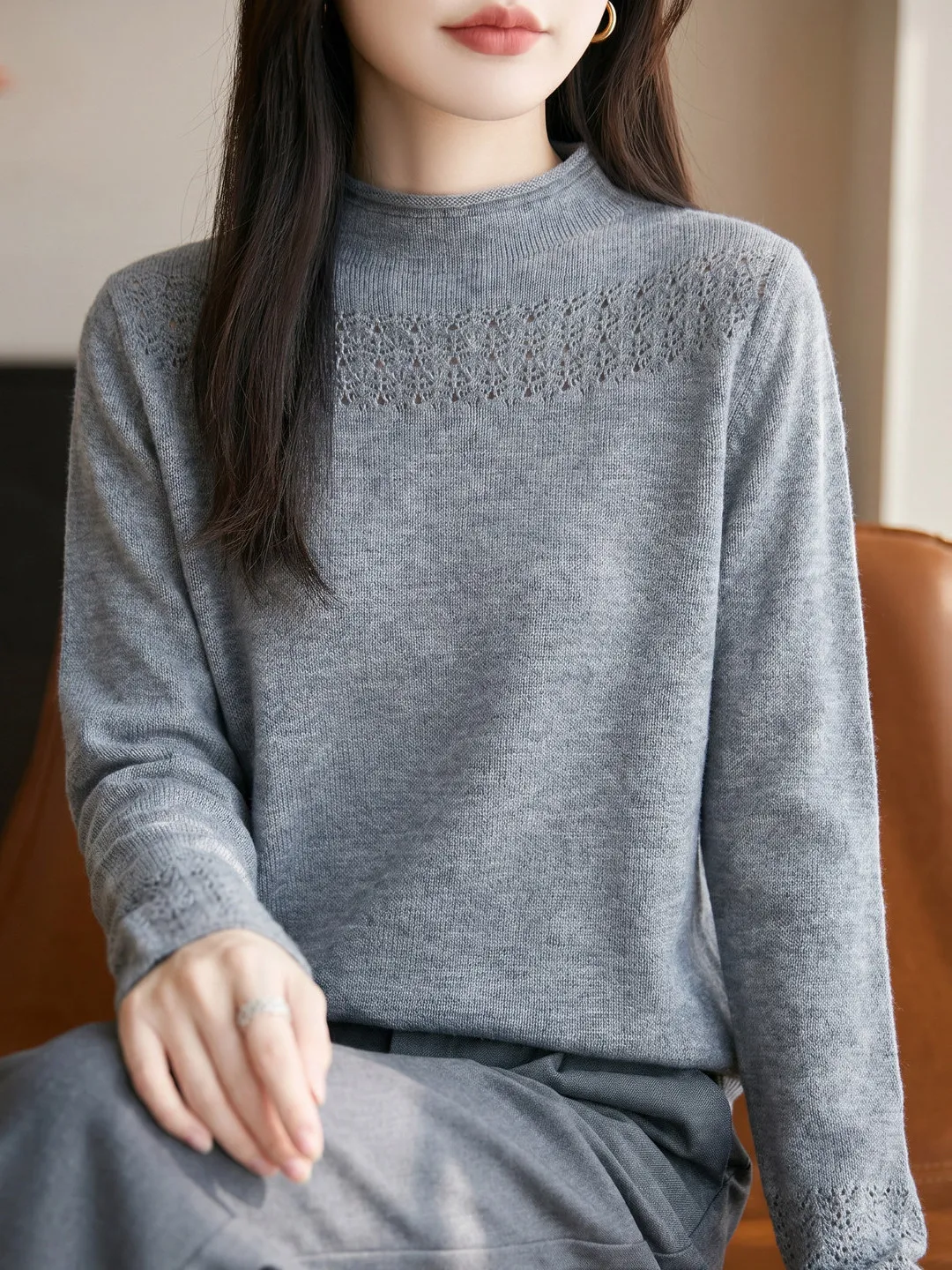 Autumn Winter Women's Slim Fit Knitted Base Shirt Long Sleeve Half High Collar Elegant Classy Sweater Soft Hollow out Design