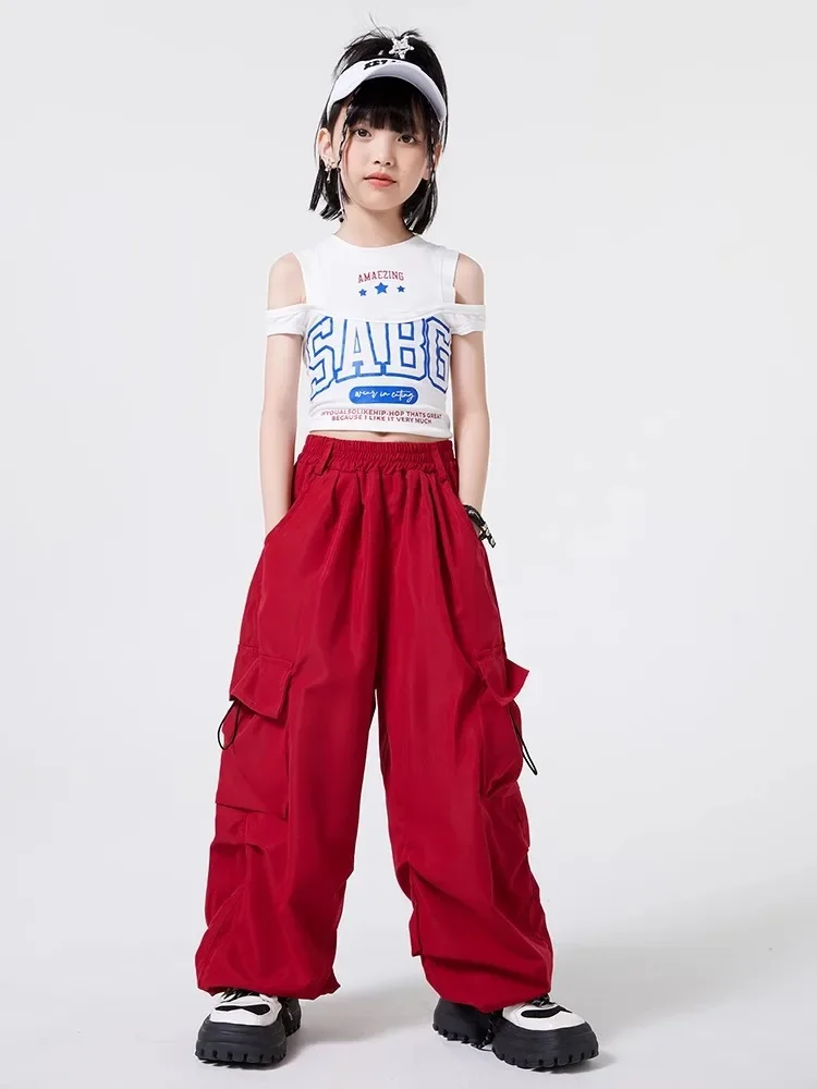 Kid Hip Hop Clothing White Double Shoulder Crop Tank Top Wine Red Casual Jogger Cargo Pants for Girl Jazz Dance Costumes Clothes