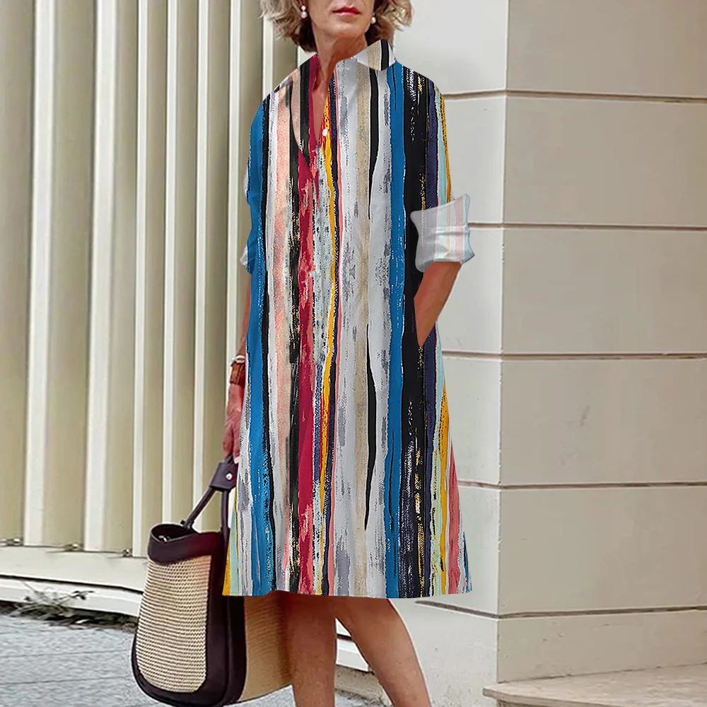 2024 Summer New Wave Stripe Printed Dresses For Women Elegant Casual Ladies Long Sleeve Shirt Dress Female Button Cardigan Robe