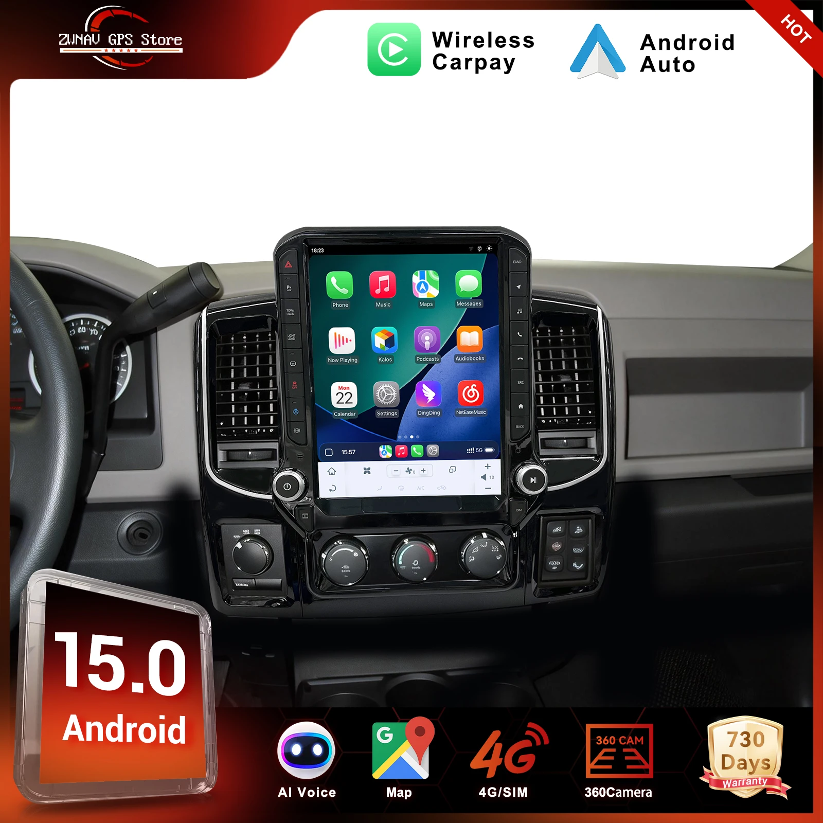 

Вертикальный экран 14,5 дюймов Android 14 для Dodge Ram 2008-2012, GPS-навигация, Carplay, мультимедийный автомобильный DVD-плеер, головное устройство