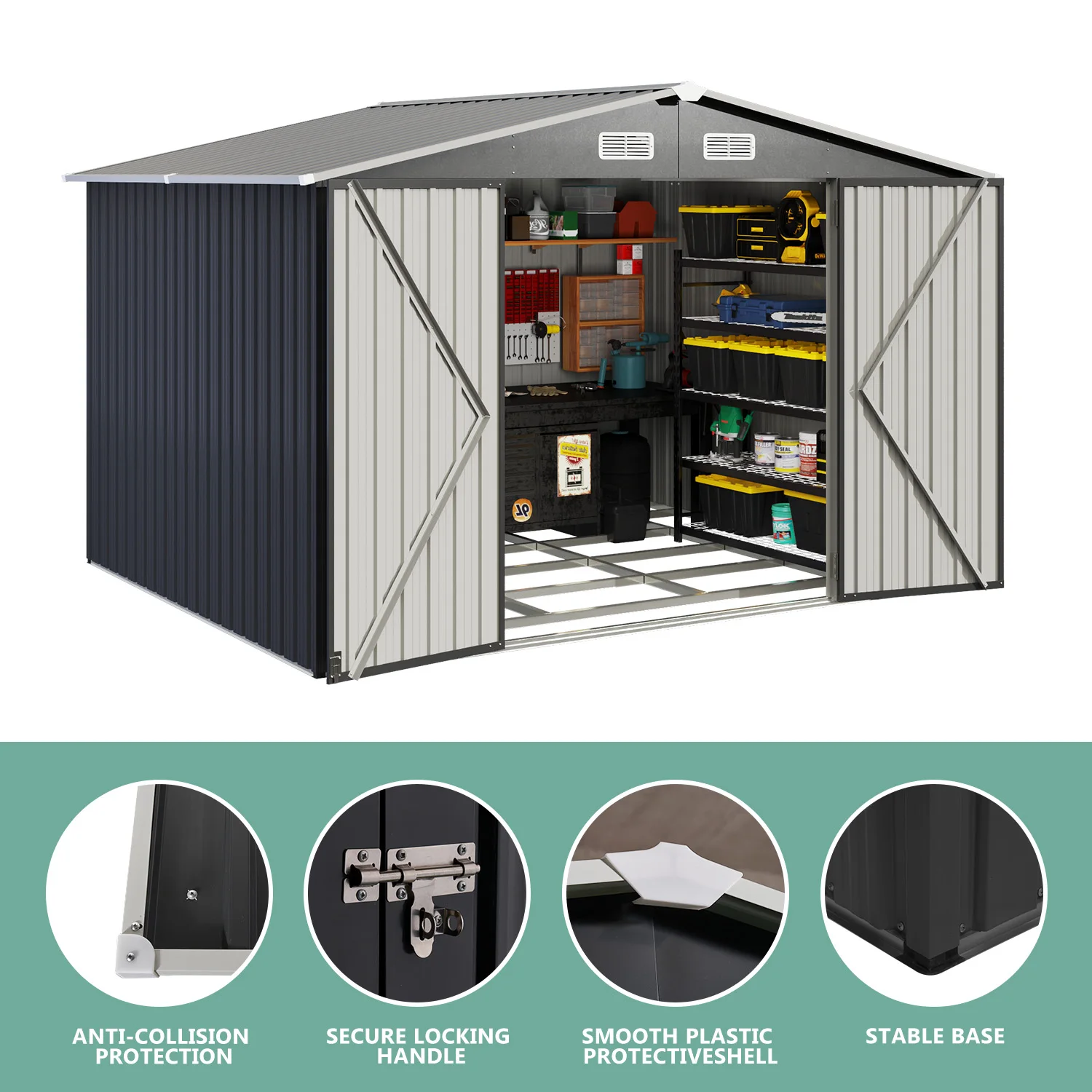 Outdoor Storage Shed Garden Tool House Four Room Big Size  Plastic Waterproof Set Resin Window Frame Layer Parts