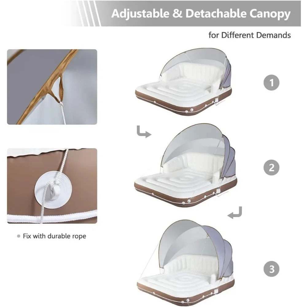 Canopy Island opblaasbare lounge, drijvend eilandvlot met SPF50+ intrekbaar afneembaar zonnescherm, 71" x 71" opblaasbaar zwembad