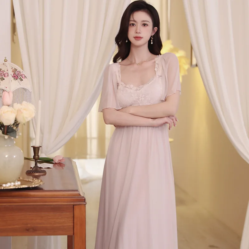 Sweet Summer Mesh Nightdress Fairy Lace Women Short Sleeve Nightwear Sexy Long Solid Color Nightgown Casual Princess Sleepwear