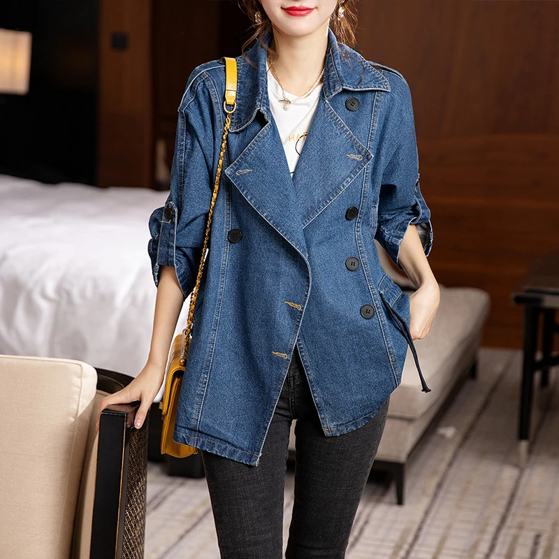 

Notched Collar Blue Denim Jackets 2022 New Spring Autumn Coats Button Splicing Long Sleeve Casual Outwear Summer Jacket Female