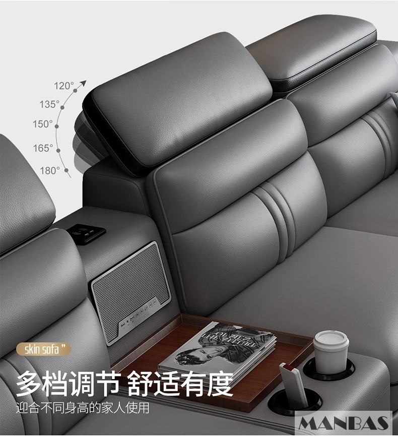 Modern Genuine Leather Reclining Couch with Chaise Lounge, L-Shaped Sectional Sofa with Adjustable Headrests, USB & Cup Holders