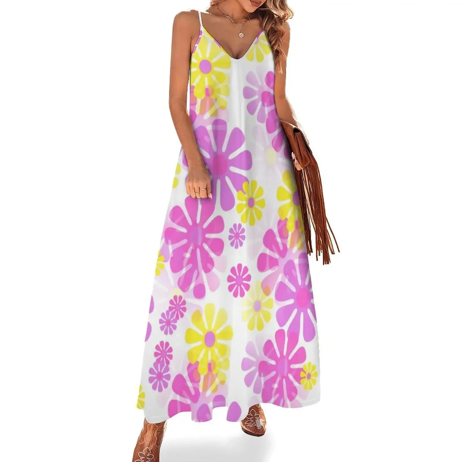 60's Retro Groovy Mod Flowers in Purple, Pink and Yellow - Abstract Sleeveless Dress Women's long dress Dress