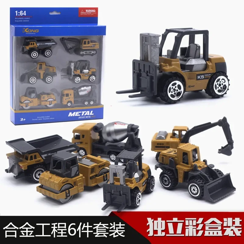 1:64 6 Alloy Engineering Vehicle Model Set Excavator Roller Forklift Model