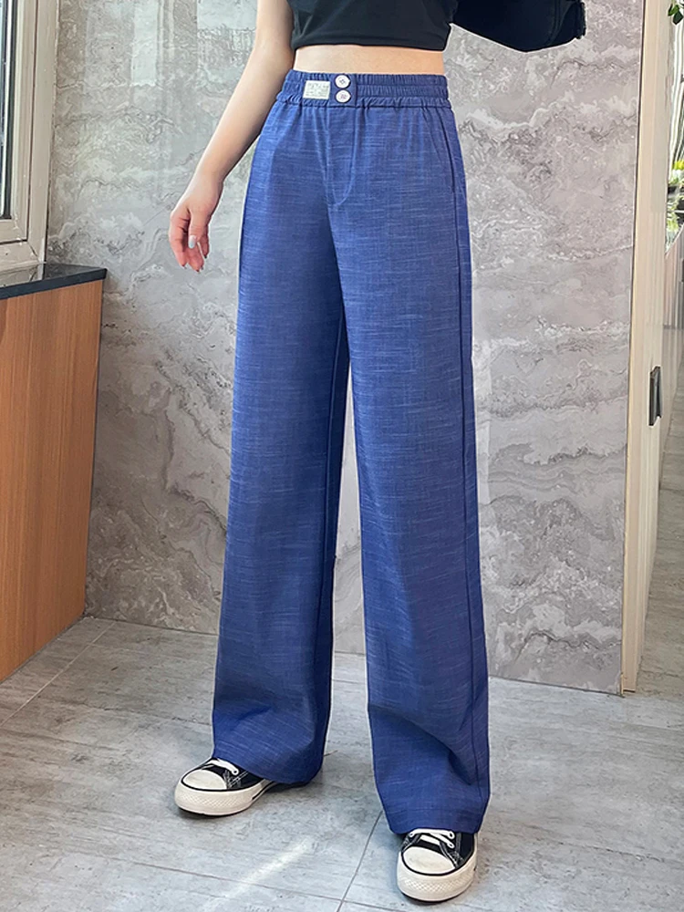 

OUMENGKA Fashion Women Blue Casual Long Pants Summer Thin Trousers Vintage Style High Street Lady Straight Pantalon S-4XL