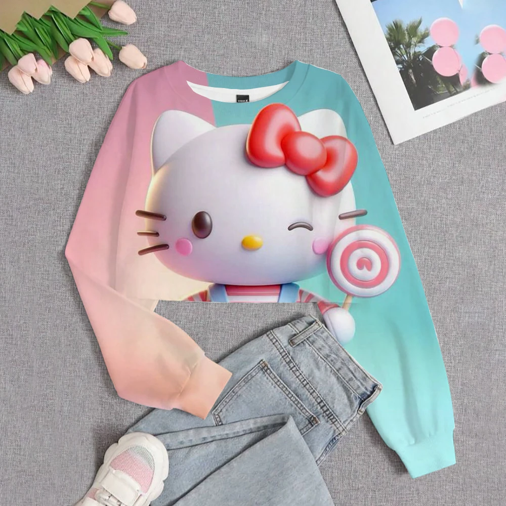 2024 New Hello Kitty 3D Printed Cartoon Printed Women's Sportswear Casual Short Hoodie Long Sleeve Top