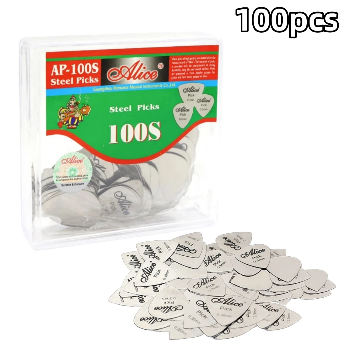 Alice 100Pcs Metal Guitar Pick 0.3mm Thin Durable Silver Color Professional Bass Ukelele Guitar Picks Guitar Amplifier