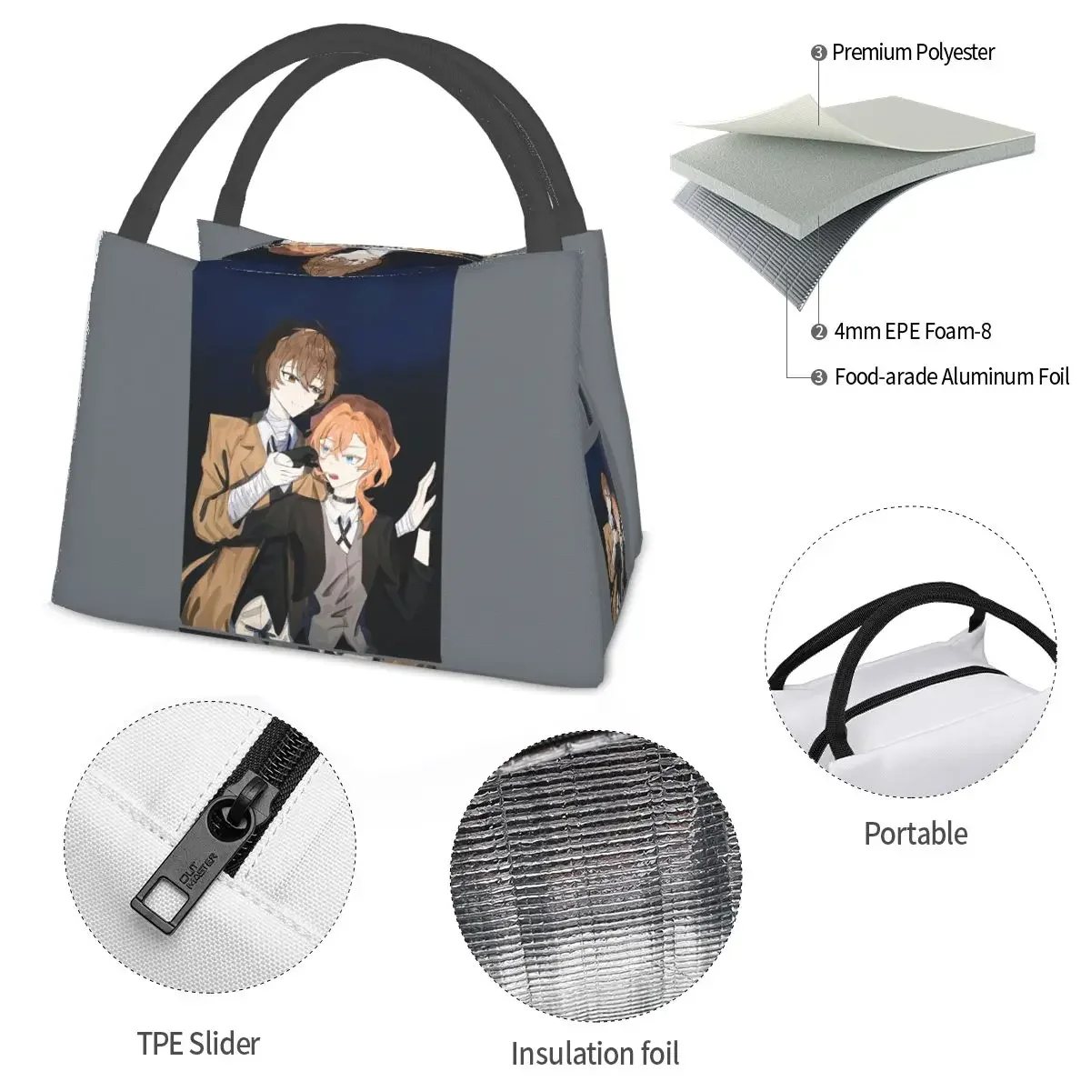 بونغو الضالة الكلاب وان أنيمي دازاي و Chuuya أكياس الغداء معزول بينتو صندوق قابلة لإعادة الاستخدام حقيبة الغداء نزهة أكياس برودة حقيبة حرارية