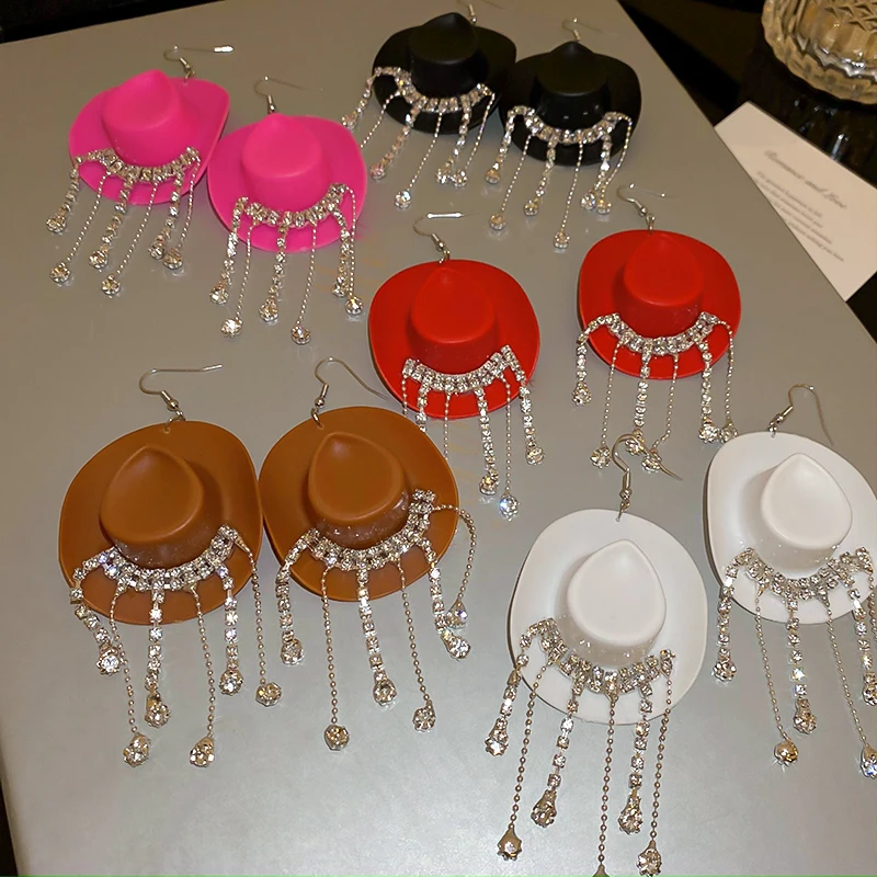 Creative Cowboy Hat Dangle Earrings for Women Shiny Water Drop Rhinestones Tassel Pendant Earrrings Statement Banquet Jewelry K