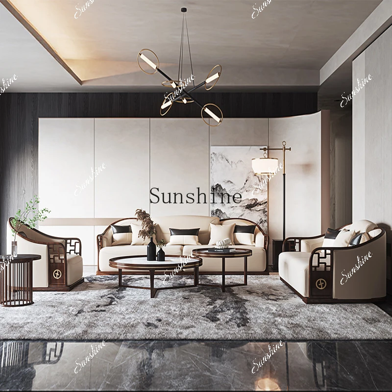 

New Chinese light luxury solid wood living room first layer cowhide three-person sofa Z2 FT