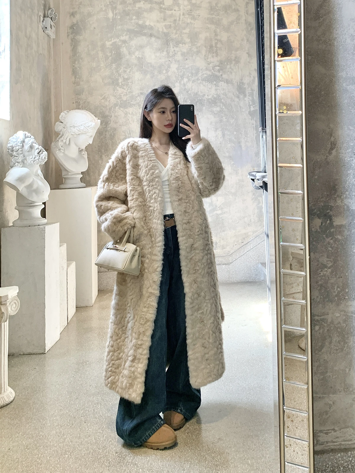 

Withmxboom ey Long Open Cardigan Coat Women Winter Loose Casual Warm Slimming Lamb Fur Jaet Stand Edition Long Sve