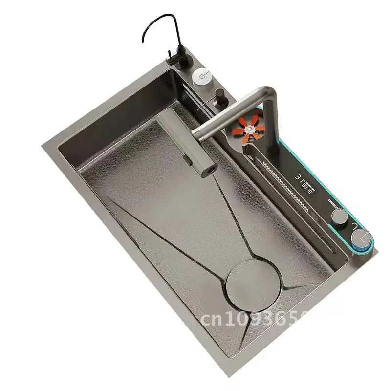 Digital Display Waterfall Single Slot 304 Stainless Steel Nano Sink Dishwashing Kitchen Multifunctional Vegetable Washing Basin