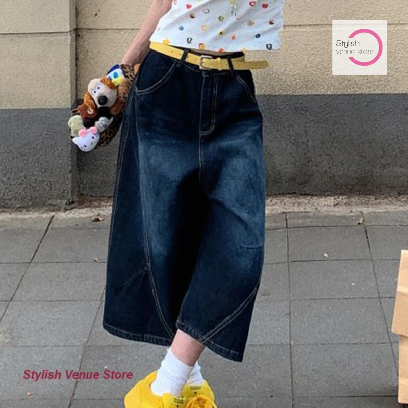 American retro Leopard-lettered embroidered denim cropped trousers for women's summer new fashion loose slim wide-leg shorts.