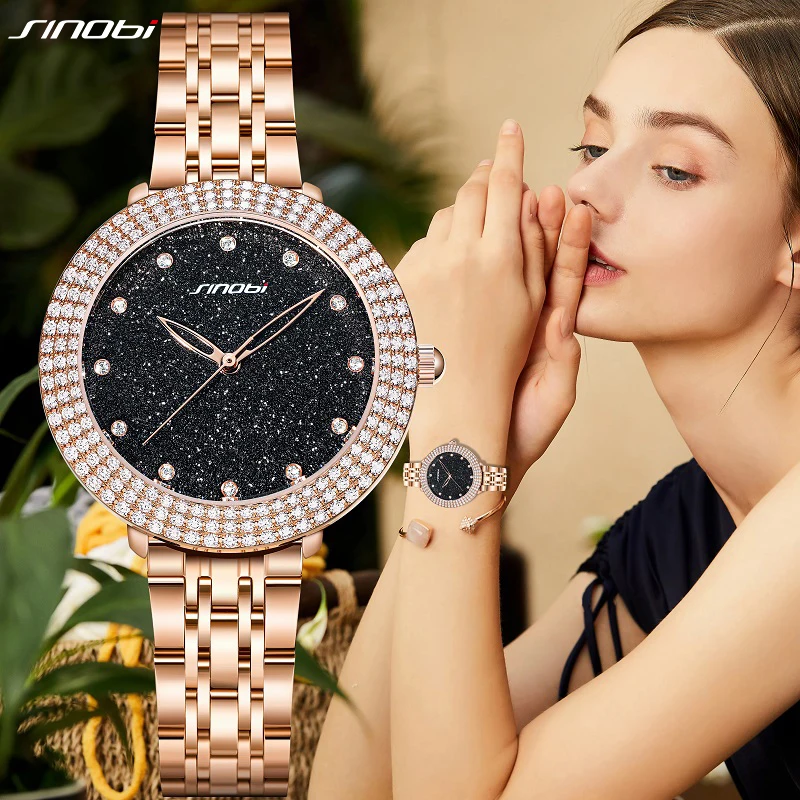 SINOBI Fashion Women\'s Watches Top Luxury Diamond Ladies Quartz Wristwatches Girls Elegant Rose Golden Gifts Clock for Wife