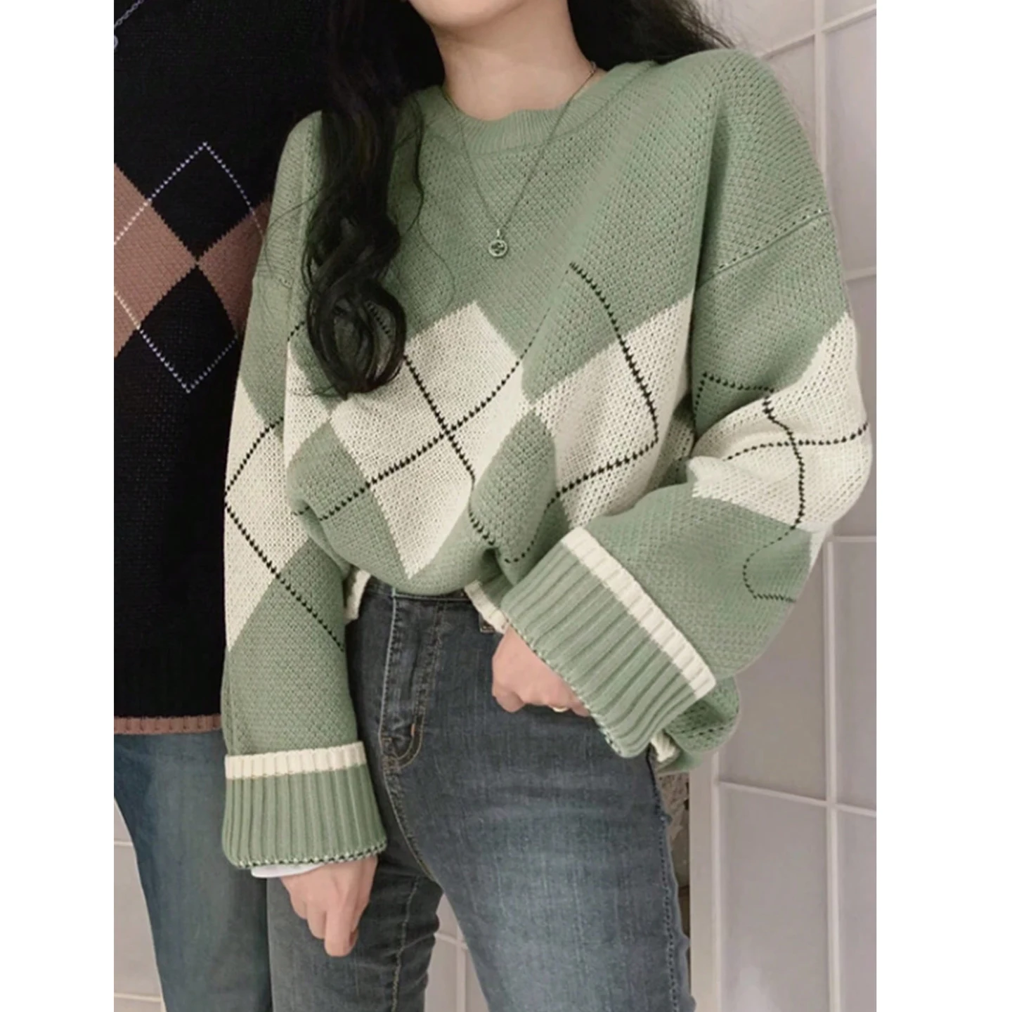 

Свободный вязаный свитер с ромбовидным узором для женщин, осенне-зимний, с длинными рукавами, в стиле колор-блок, модный топ