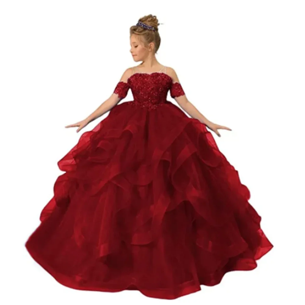

CustomizedTulle Puffy Layered Flower Girl Dress Appliques Short Sleeve For Wedding Birthday Party Banquet Princess Gowns Communi