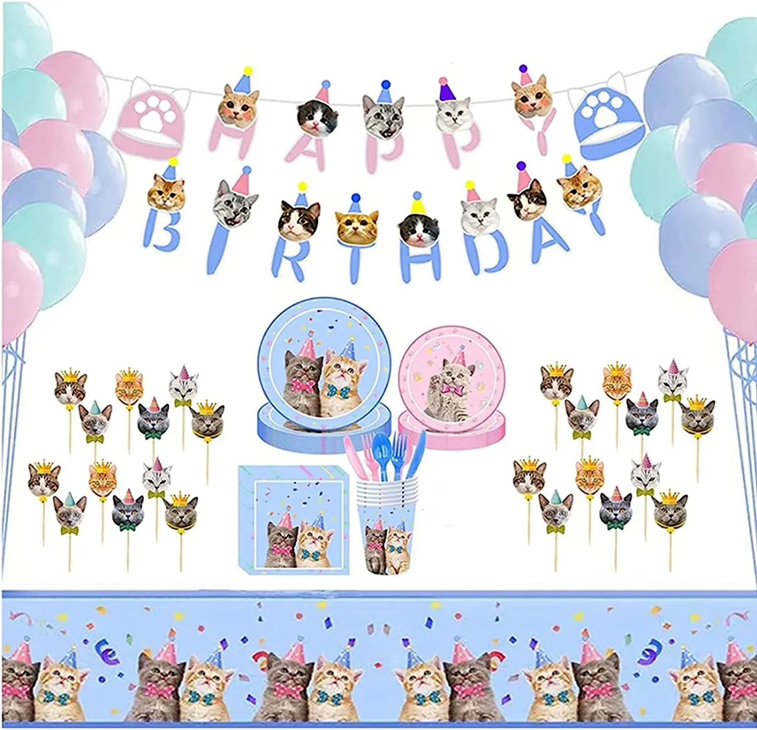 

150Pcs Cat Party Supplies Kitten Disposable with Happy Birthday Banner Balloons Plates Cups Napkins Cutlery Serves 16 for Cat