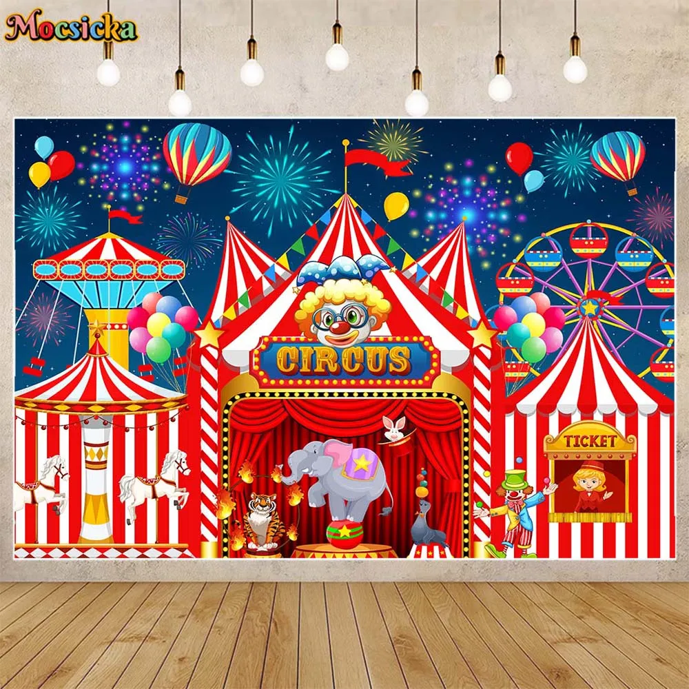 

Mocsicka Circus Backdrops for Photography Ferris Wheel Firework Hot Air Balloon Kids Birthday Party Decor Photo Backgroud Studio