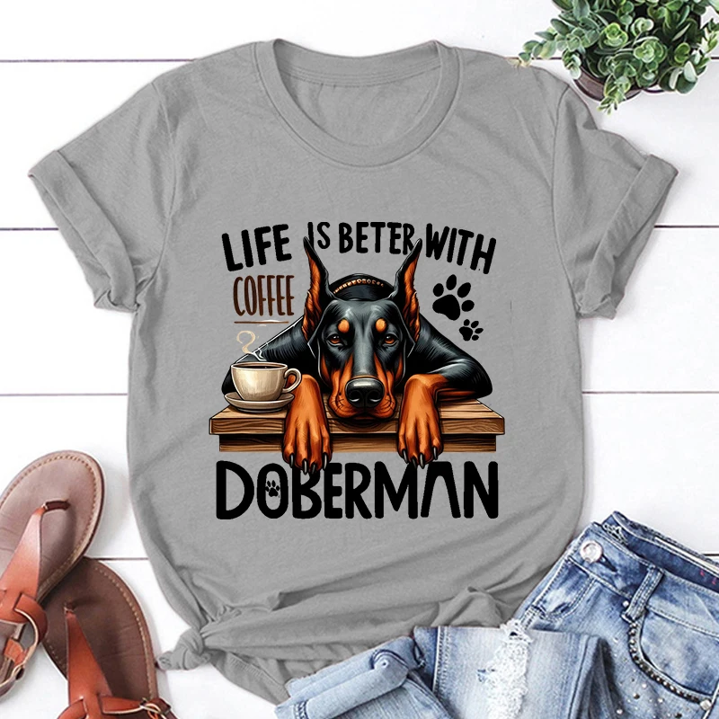 Hot Life Is Better With Coffee Doberman Graphic Short Sleeve T-Shirts For Men Women Shirts Loose T-Shirt Casual Summer T-Shirts