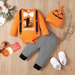 0-18 Months Newborn Baby Boy First Halloween Clothing Set Pumpkin Bow Tie Long Sleeved Bodysuit+Pants+Hat Holiday Style Outfits