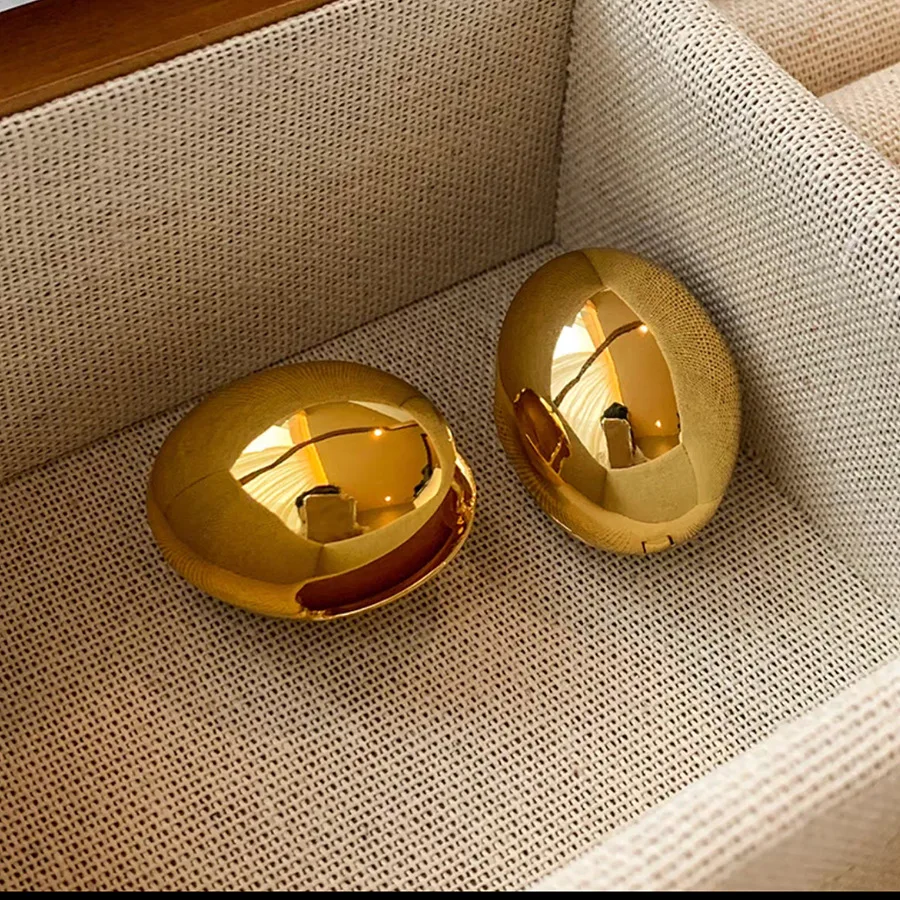 S925 Sterling Silver Smooth Gold Eggshell Oval Ball Earrings for Women Exaggerated and Unique Fine Jewelry Wedding Party Gifts