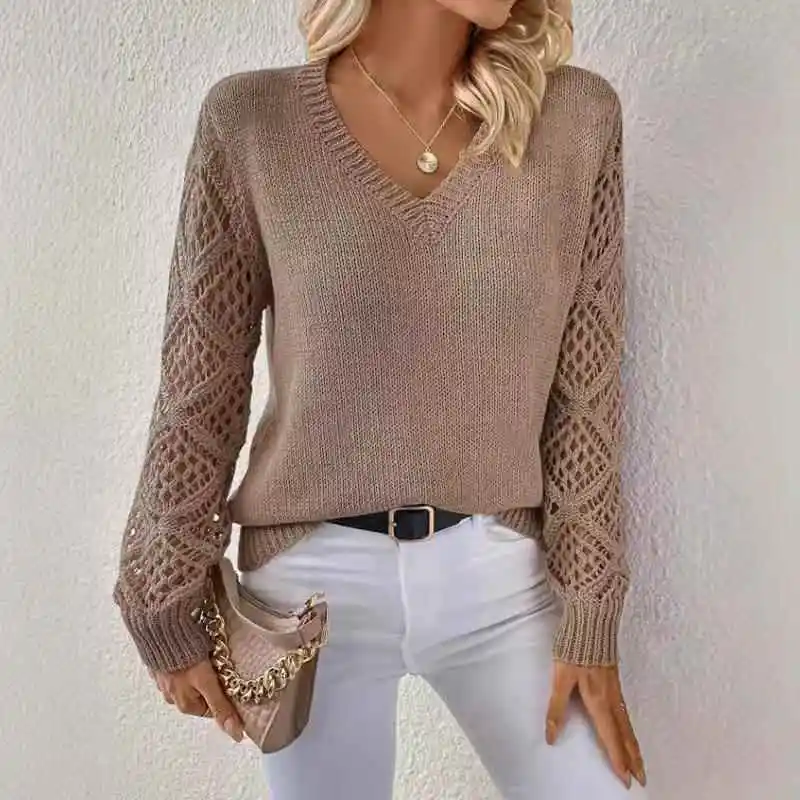 

Women's V-Neck Hollow Long Sleeve Knitted Shirt Loose Fit Intellectual Style Polyester Fiber Mid-Thick Color Sweater