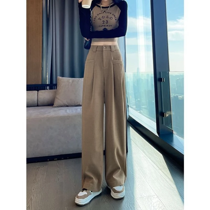 Khaki Woolen Leg  Pants Women's  Autumn and Winter High Waist Hanging Loose Casual Plus Fleece Thick Straight Leg Mopping Pants