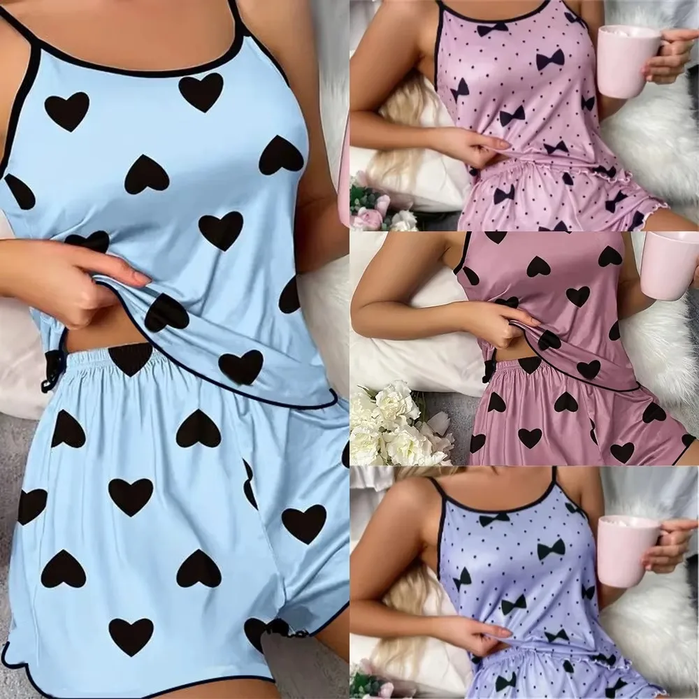

Women's Ice Silk Pajamas Set, Cute Heart Print Short Sleeve Sleepwear – Cool Breathable for Hot Summer Nights