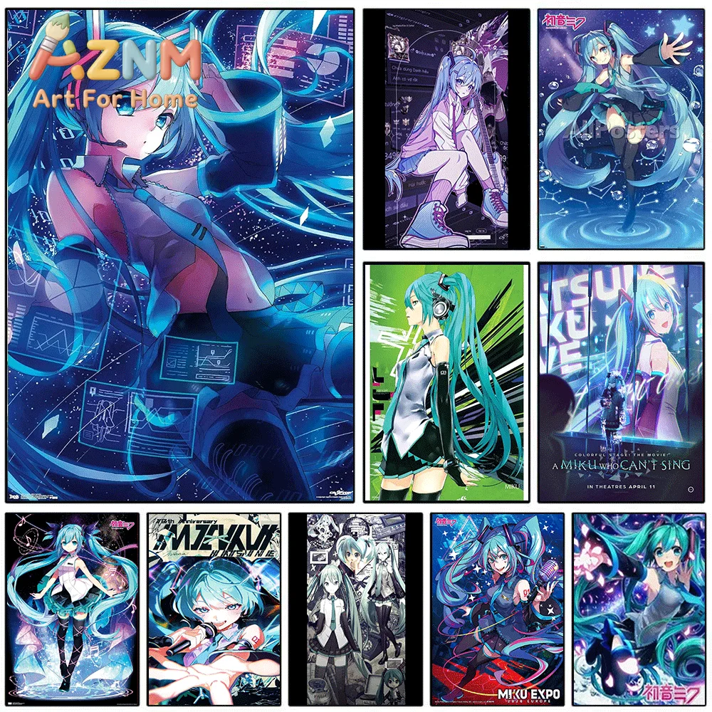 AZNM, tableau sur toile de style cybernétique représentant Hatsune Miku, décoration murale sur toile sans cadre, tableau mural d'anime représentant une chanteuse virtuelle, idéal pour une chambre ou un salon.