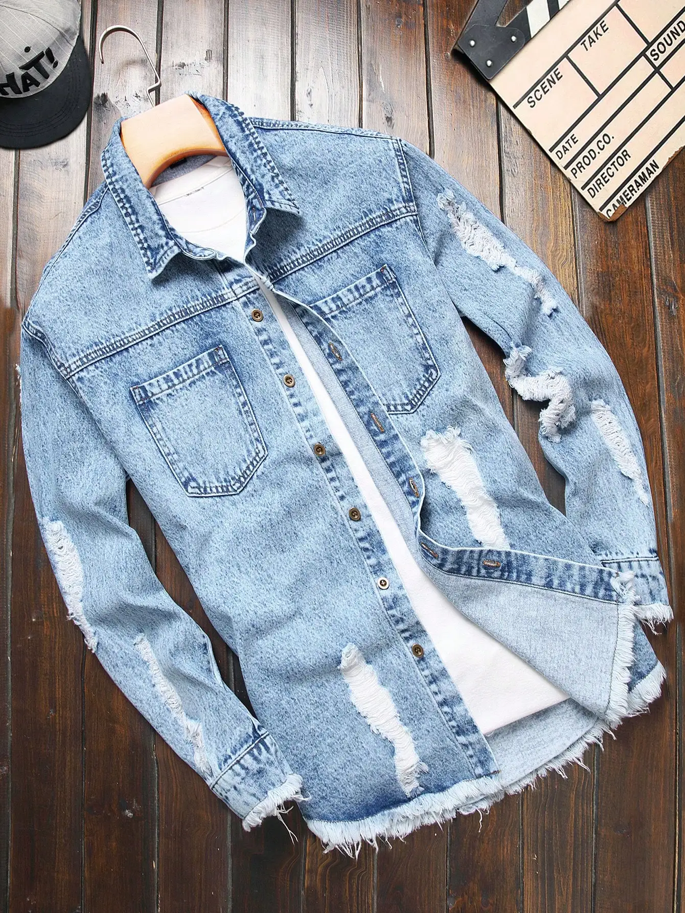 Men's Snow Wash Distressed Denim Shirt Jacket with Large Ripped Holes, Vintage Streetwear Overshirt