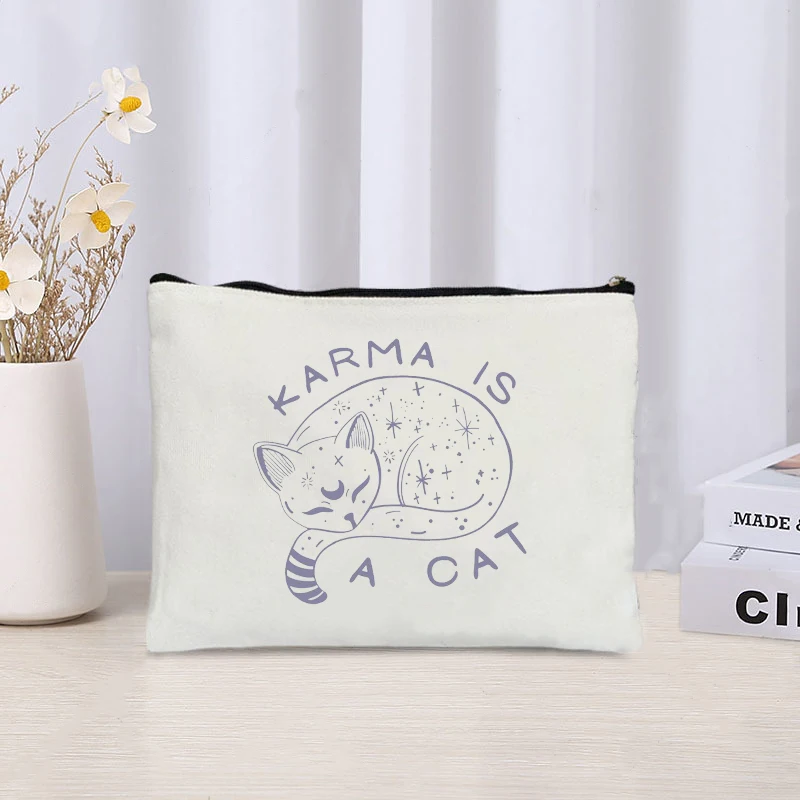 Karma Is A Cat Makeup Bag Cute Cat Pattern Best Gift for Swiftie Souvenir for TS Fans Women Cosmetic Cases Toiletry Bag