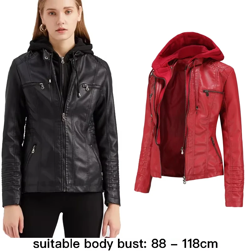 고품질 가죽 후드 재킷 여성용 긴 소매 지퍼 포켓 가을 겨울 2025 우아한 의류 블랙 브라운