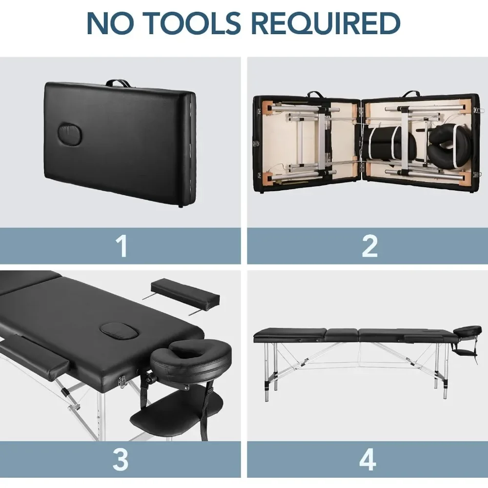 휴대용 마사지 테이블 전문 마사지 침대, 높이 조절 가능, 스파 살롱 속눈썹 문신 운반 가방, MQAM, 3 폴드, 82 인치