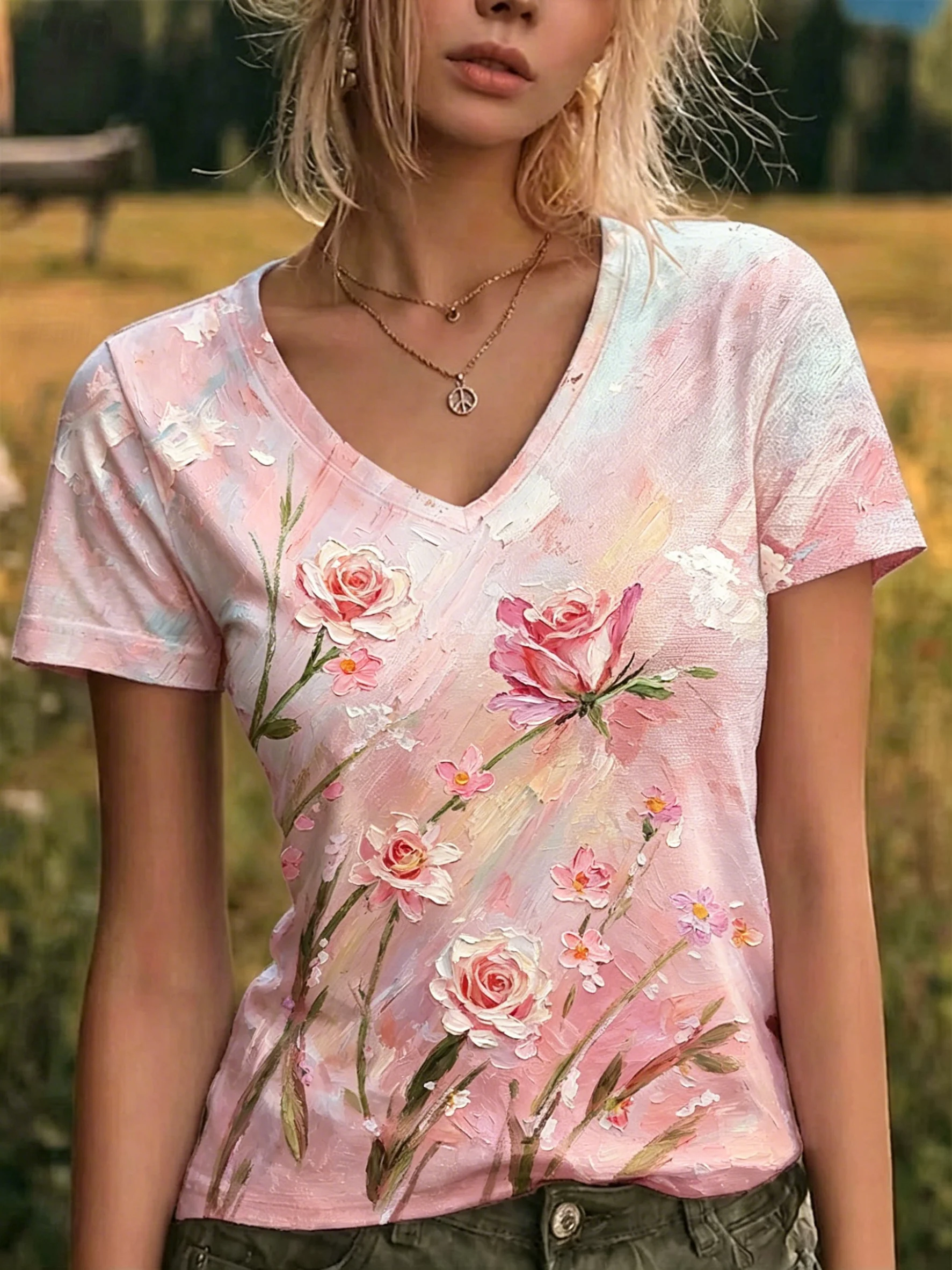 Women's Oil Painting Style Pink Rose Print V-Neck T-Shirt, Casual Short Sleeve Tops,Artistic Floral Daily Wear for Spring Summer