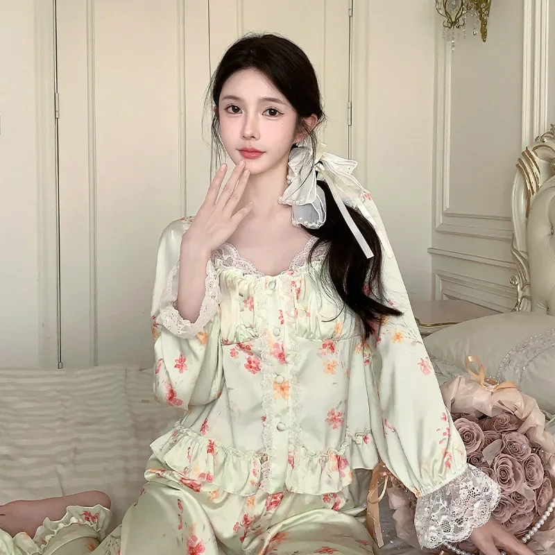 

V-Neck Print Pajamas Set Spring Long Sleeve Top&pants PJS Sleep Suit Women Rayon Pyjamas Home Clothes Casual Sleepwear Loungewea