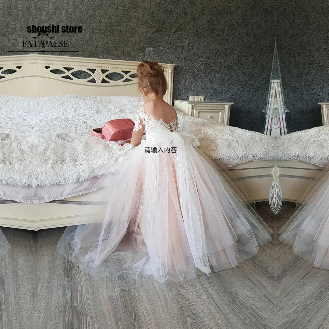 Full Sleeve First Communion Dress for Child Baby Backless Lace Tulle Little Bridesmaid Daughter Wedding Even Party