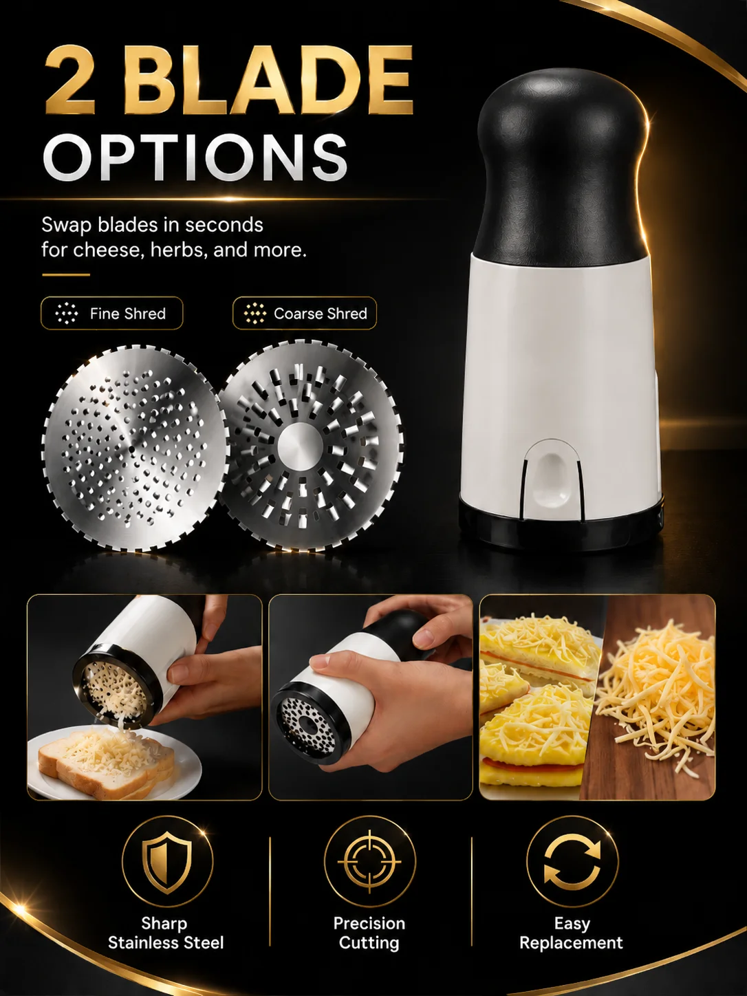Rotary Cheese Grater with 2 Stainless Steel Blades - Manual Shredder for Cheese, Herbs & Vegetables