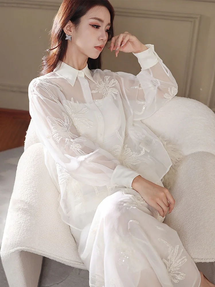

Ele Embroidered Chinese Sle Women's irt Spring Collection Faionable White Dr Set Long Sve Button down Ne